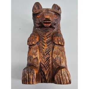 Vintage Black Forest Bear Wood Carving Glass Eyes Seated Figurine Holder